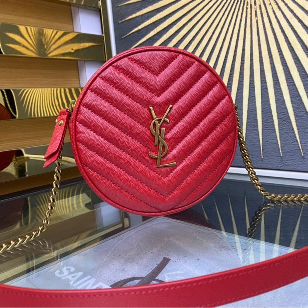 Yves Saint Laurent Round Quilted Crossbody in Wine with Gold Hardware